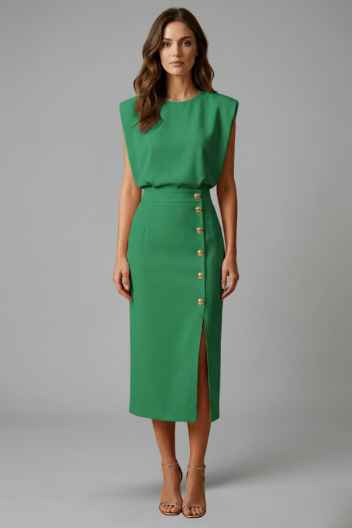 Lucie | Women’s Midi Dress with Round Neck and Button Slit