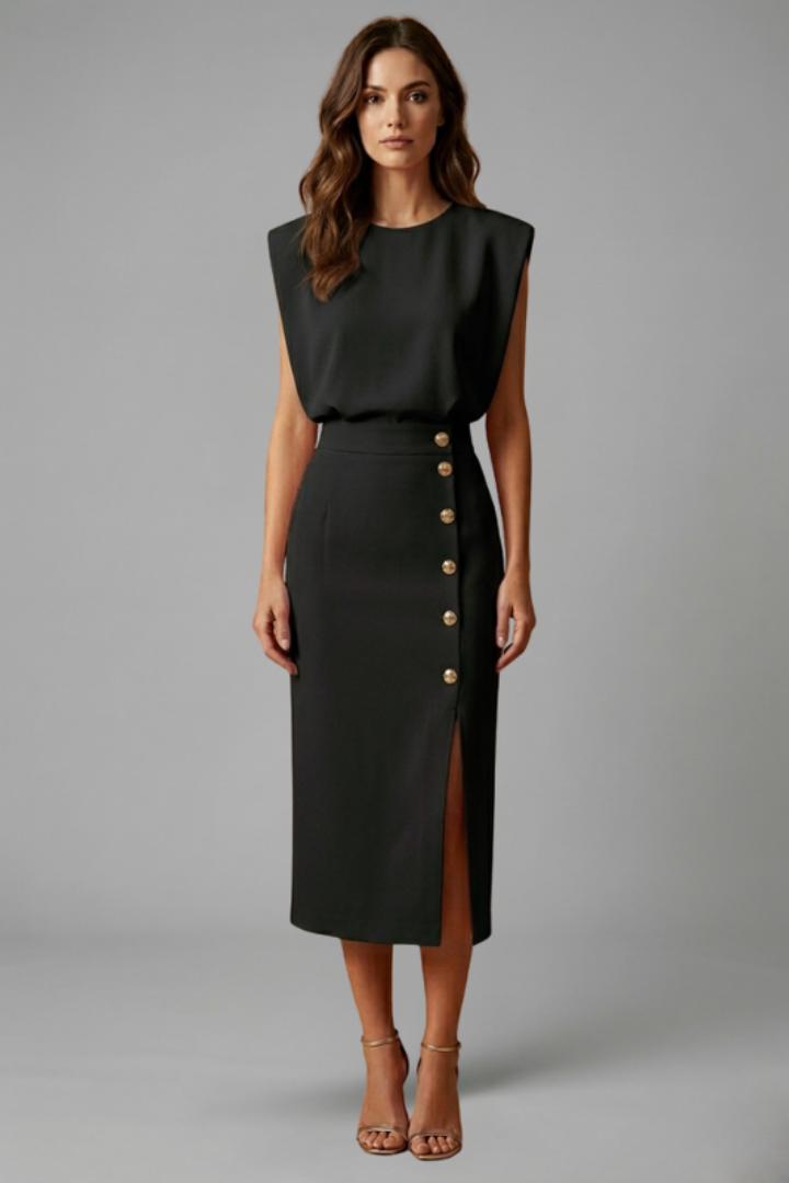 Lucie | Women’s Midi Dress with Round Neck and Button Slit