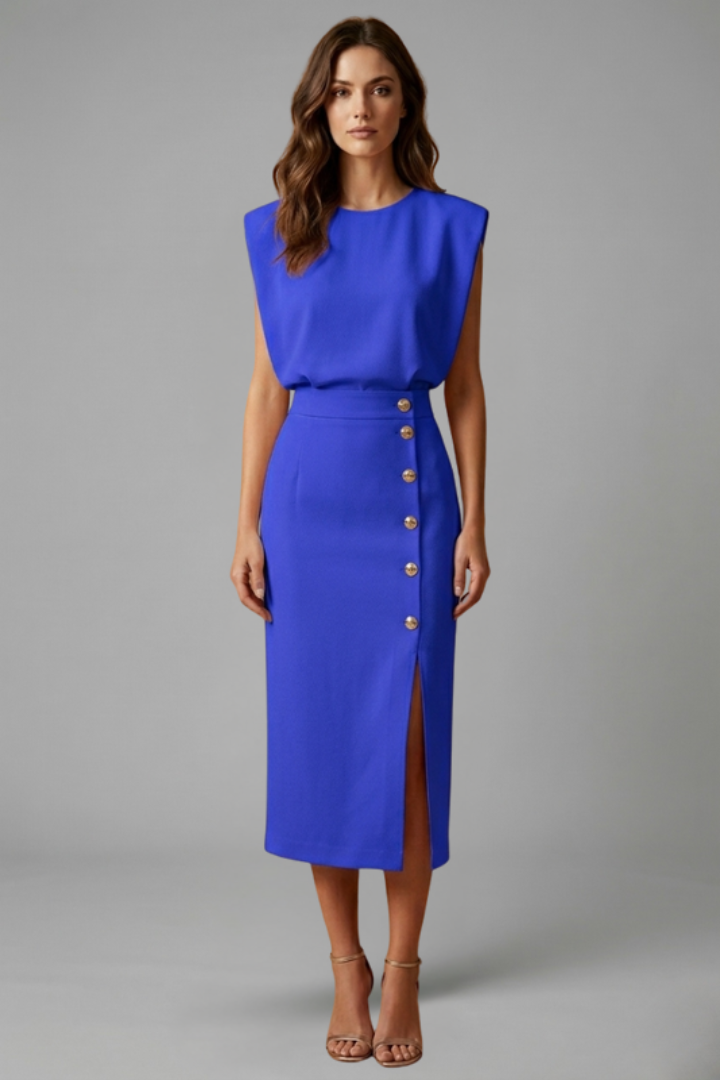 Lucie | Women’s Midi Dress with Round Neck and Button Slit