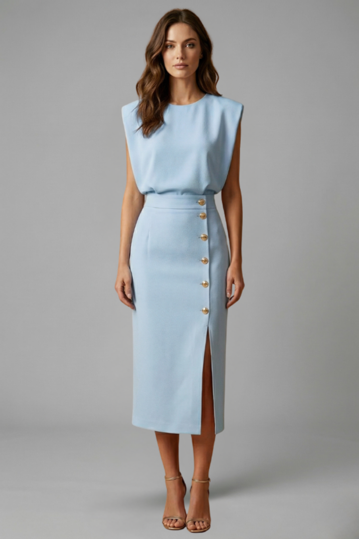 Lucie | Women’s Midi Dress with Round Neck and Button Slit