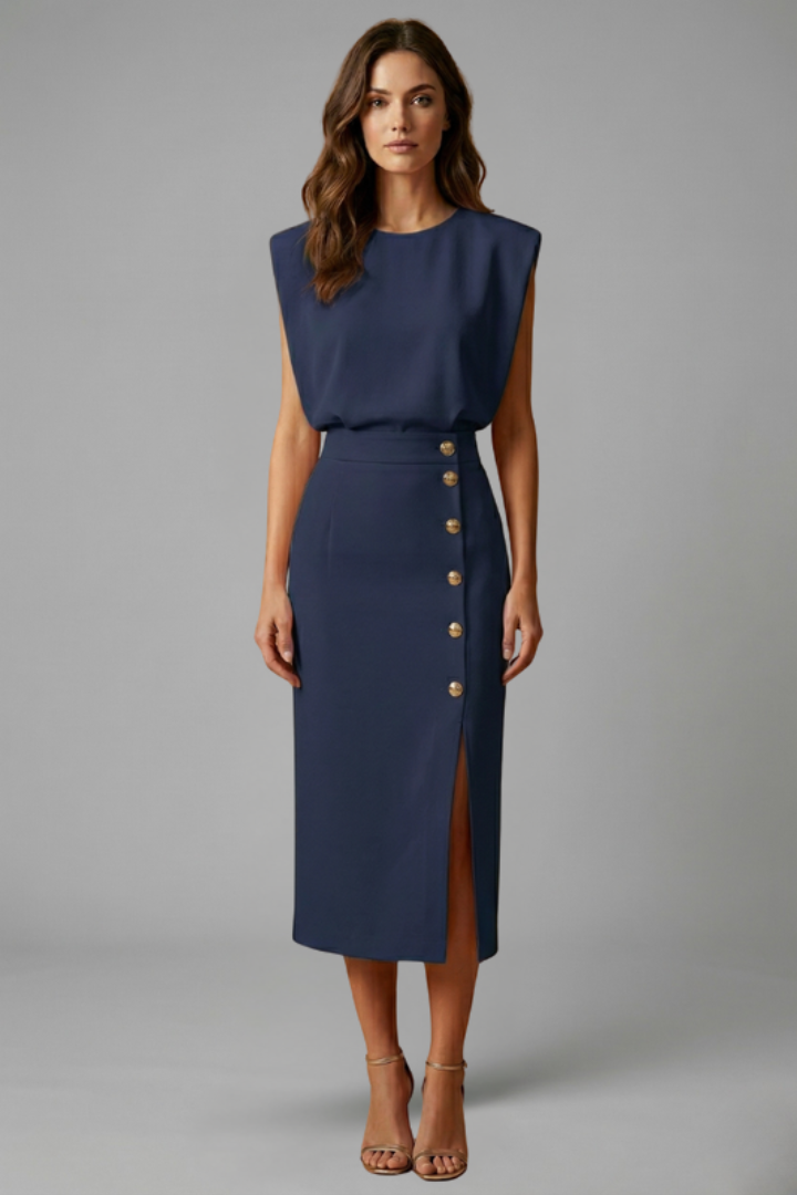 Lucie | Women’s Midi Dress with Round Neck and Button Slit