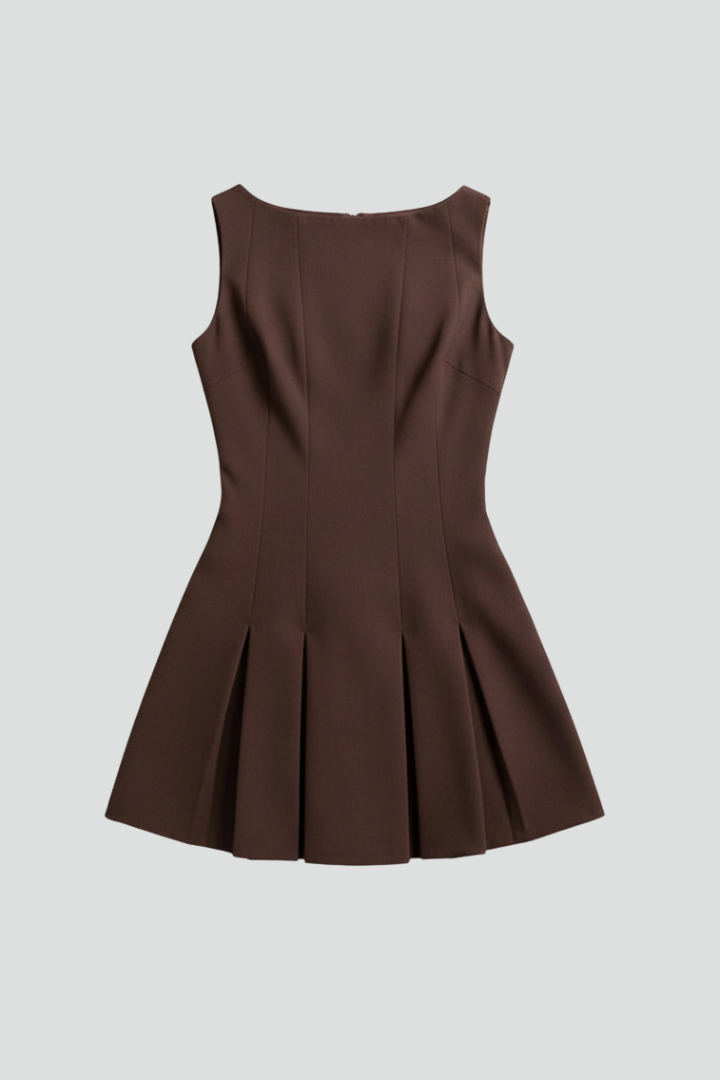 Ayla | Brown Apricot Sleeveless Pleated Skirt Mini Dress