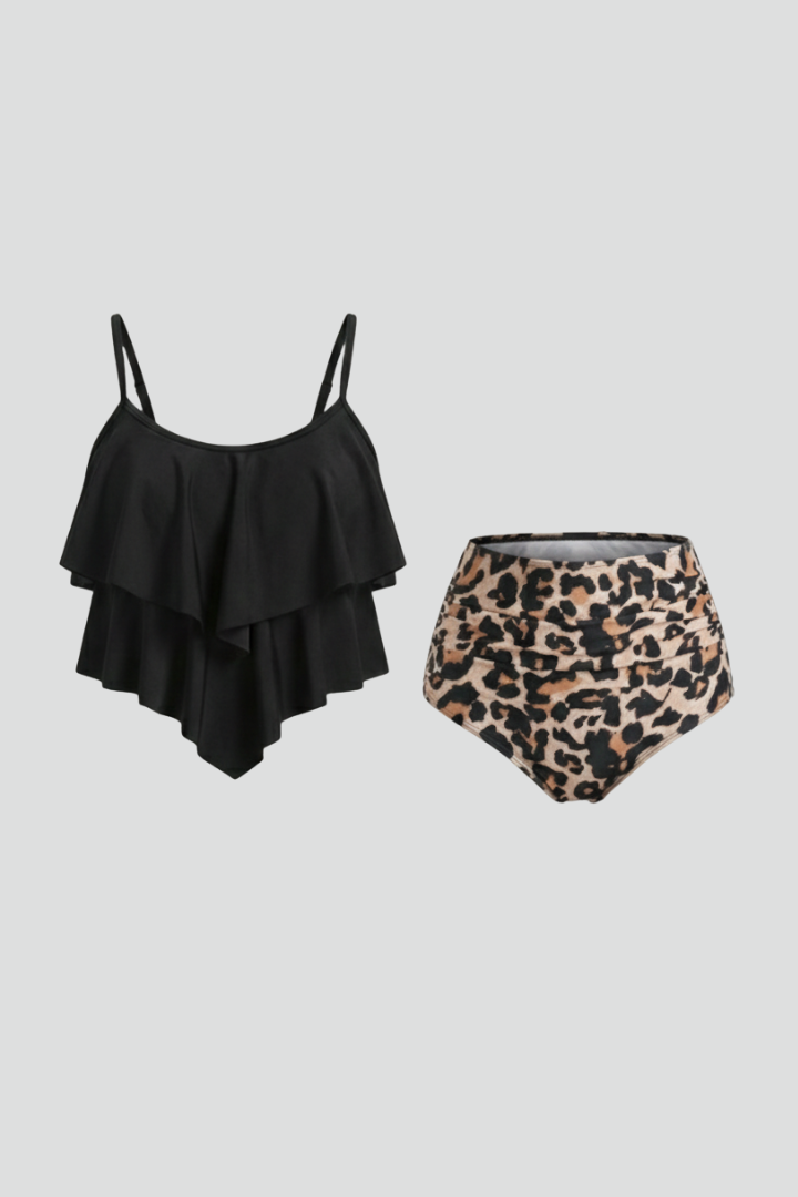 Demi | Two-Piece Ruffle Top Tankini Set with High Waist Bottom