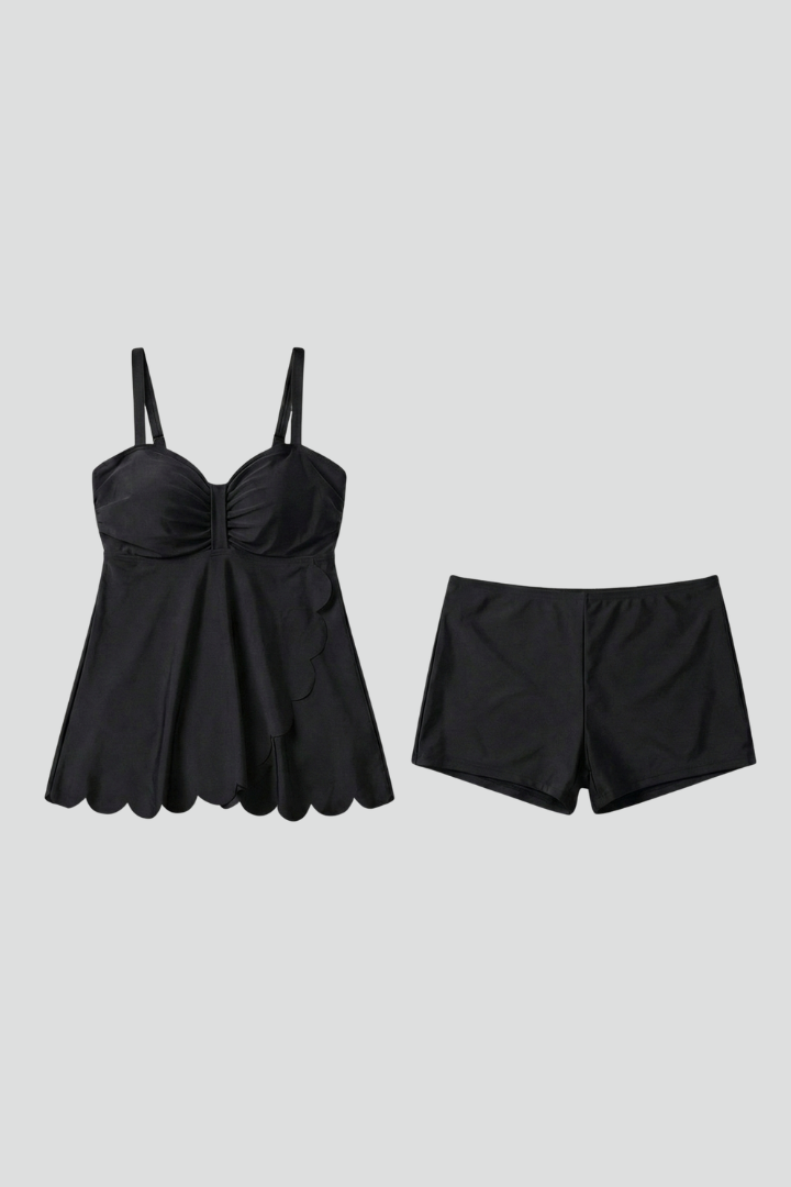 Melina | Black Sweetheart Neck Tankini Two-Piece Set with Shorts
