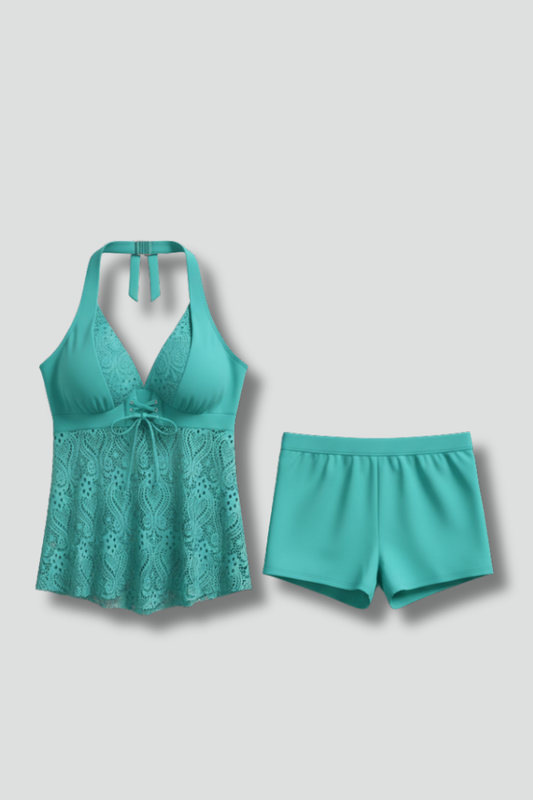 Carla | V-Neck Lace Overlay Two-Piece Tankini Set