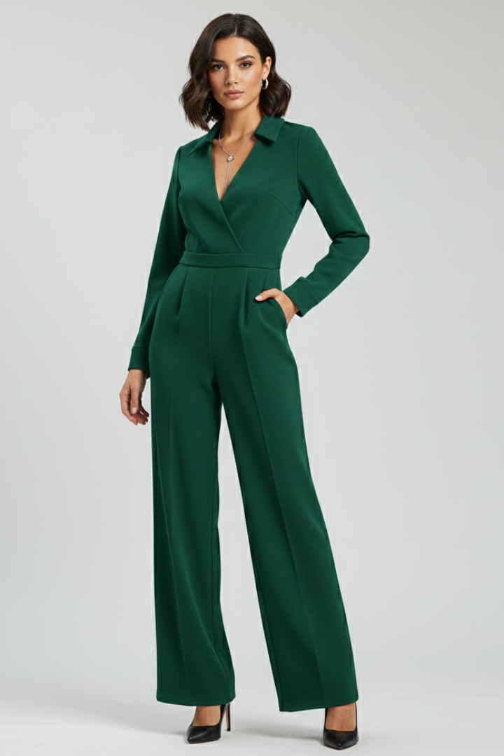 Sophie | Women’s Collared Wide-Leg Tailored V-neck Jumpsuit