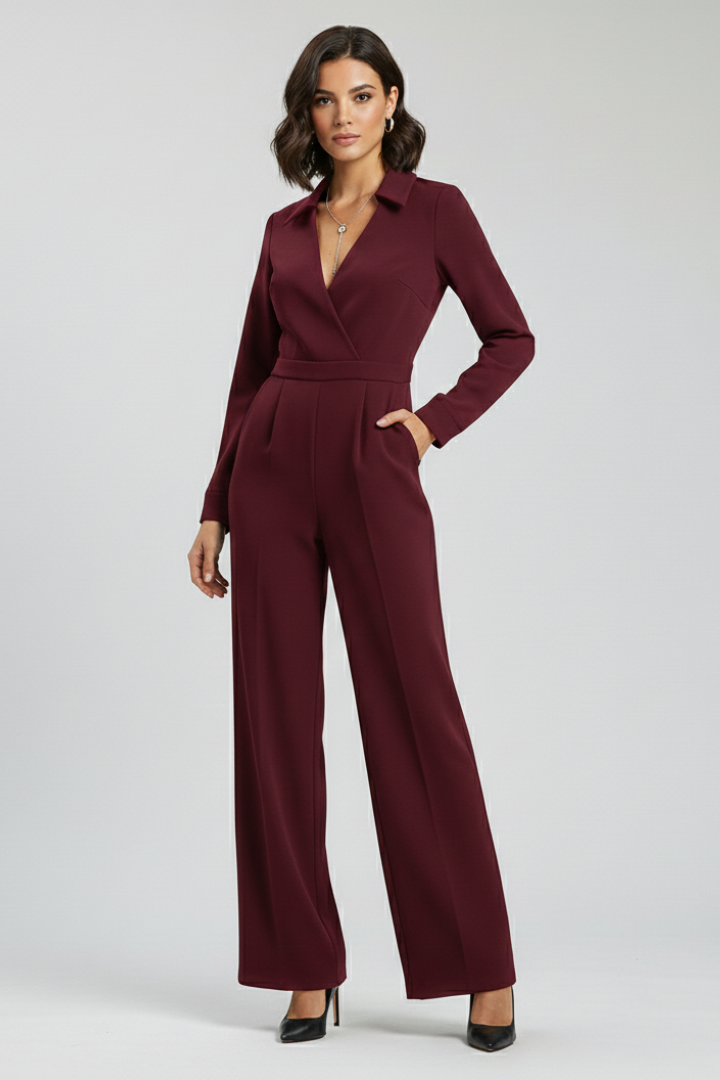 Sophie | Women’s Collared Wide-Leg Tailored V-neck Jumpsuit