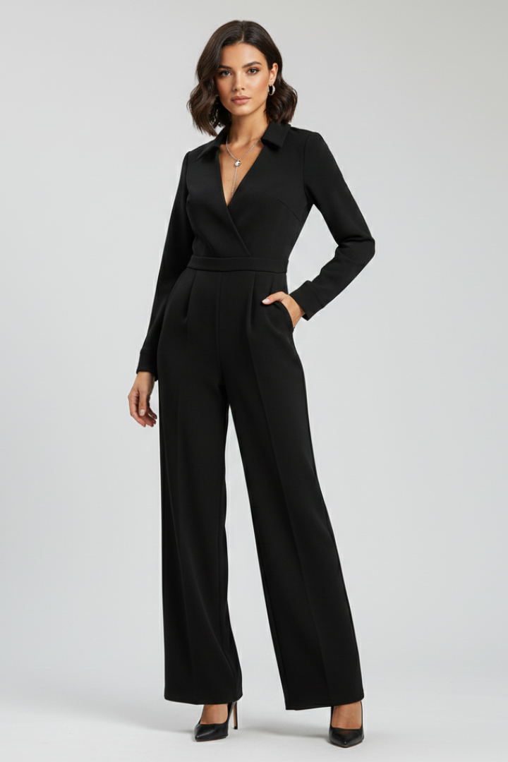 Sophie | Women’s Collared Wide-Leg Tailored V-neck Jumpsuit