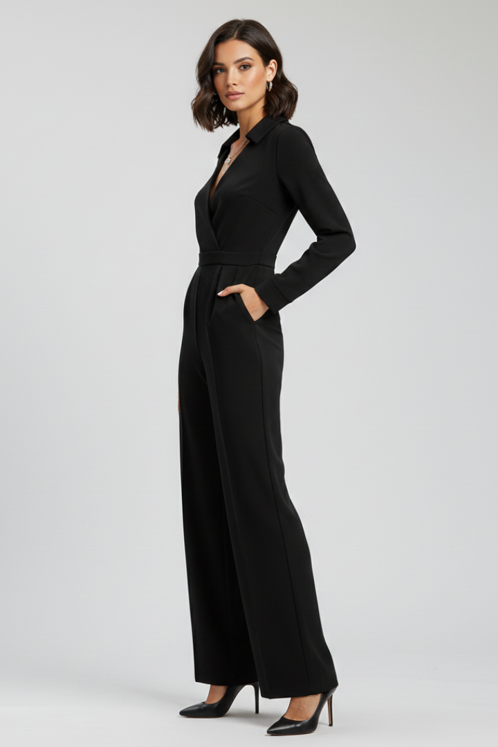 Sophie | Women’s Collared Wide-Leg Tailored V-neck Jumpsuit