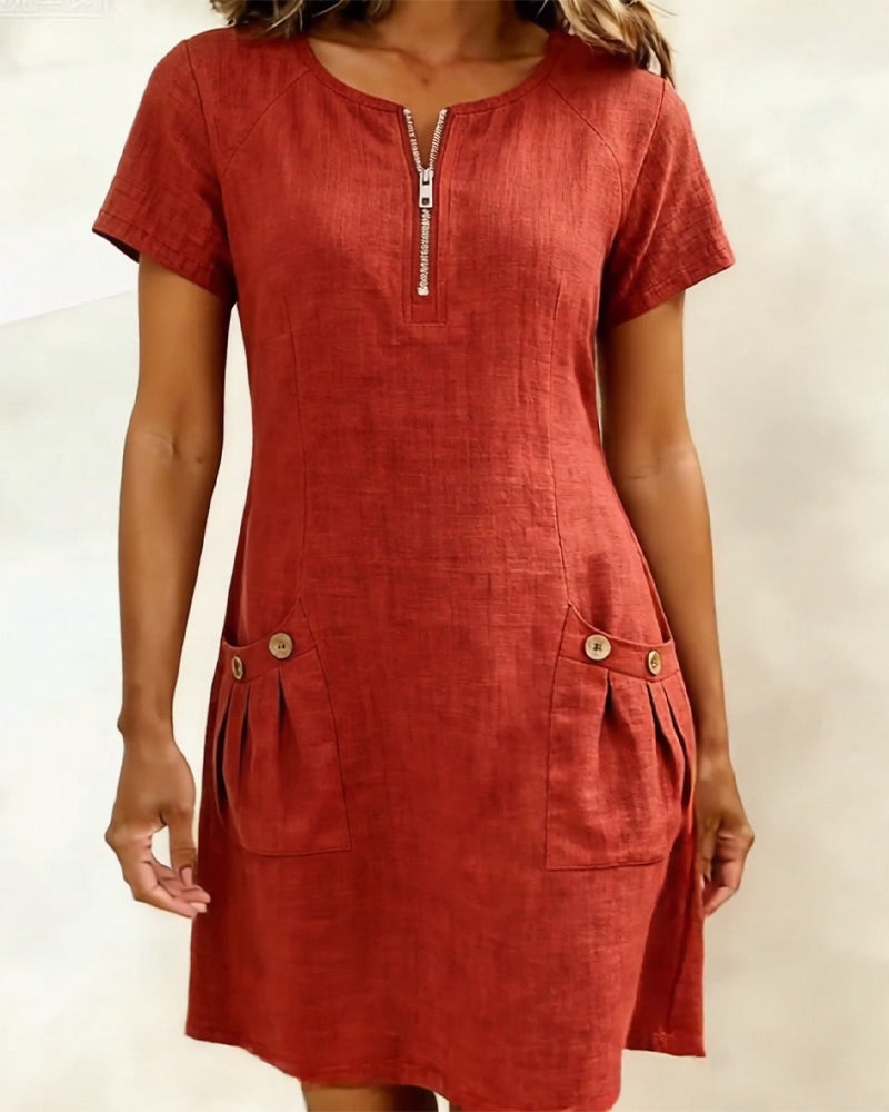 Ivy | Women's Shift Dress Short Sleeve Zip Neck with Pockets