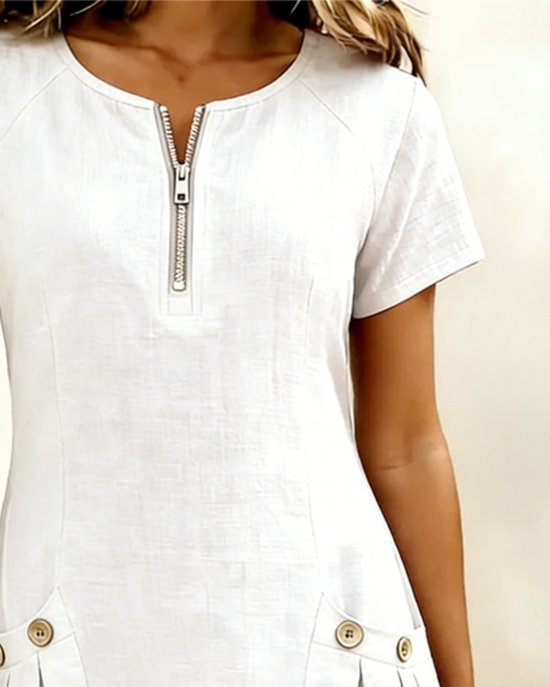 Ivy | Women's Shift Dress Short Sleeve Zip Neck with Pockets
