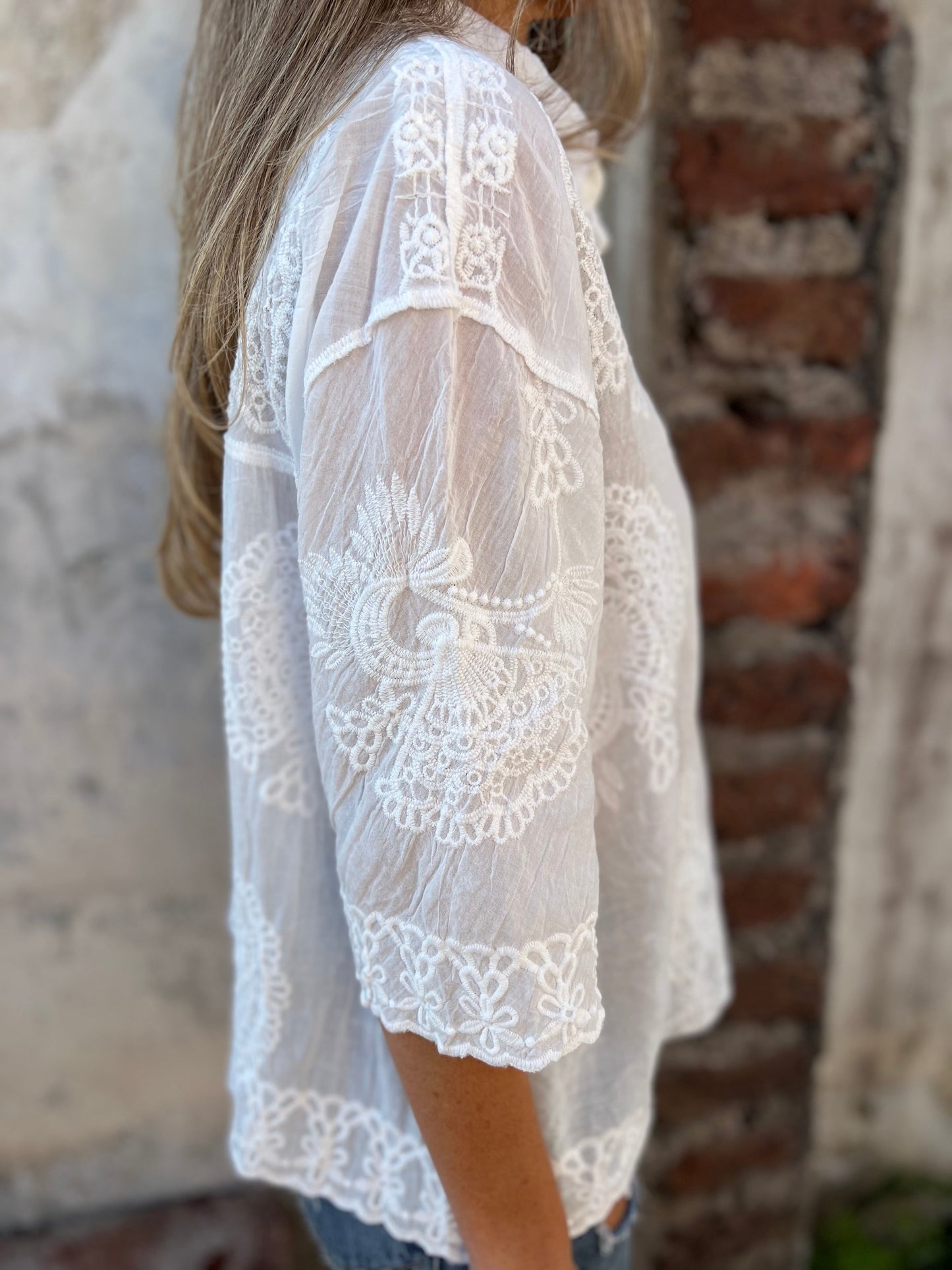 Greta | Women's Lace Blouse Long Sleeve Button Down Embroidered Top