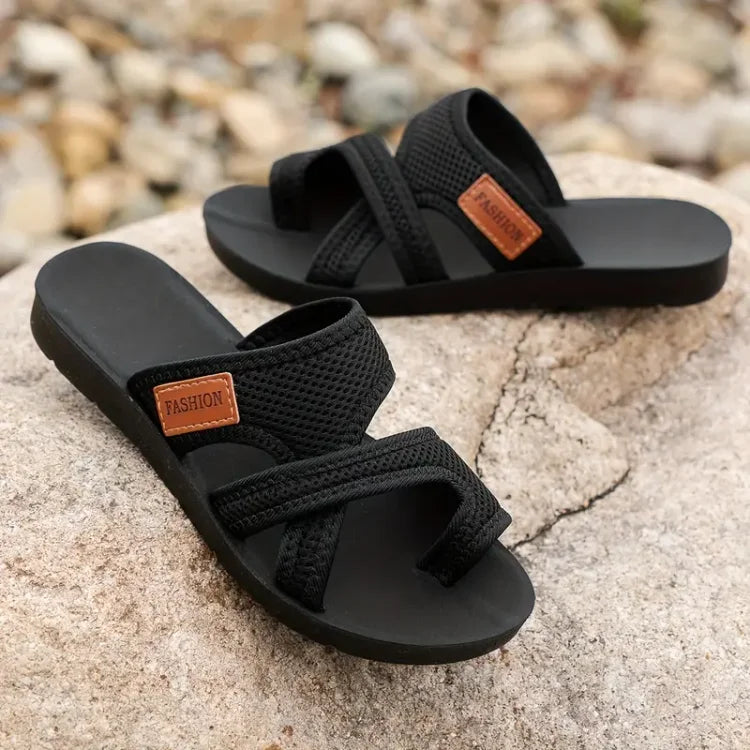 Pandora | Women's Black Brown Slip On Flat Strap Sandals