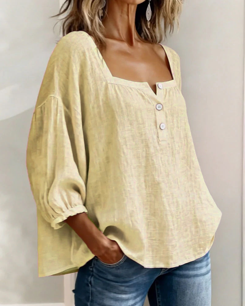 Nadine | Women's Square Neck Blouse 3/4 Puff Sleeve Button Top