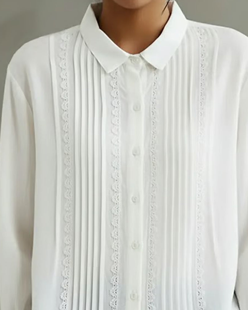 Tamsin | Women's Lace Trim Button-Up Long Sleeve Blouse