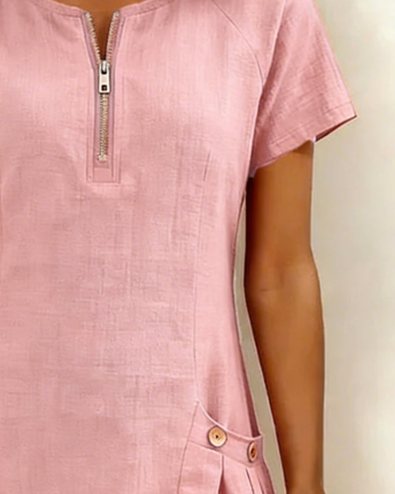 Ivy | Women's Shift Dress Short Sleeve Zip Neck with Pockets