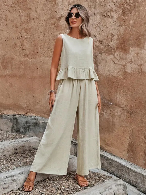 Mary | Women's Sleeveless Ruffle Top & Wide Leg Pants Set