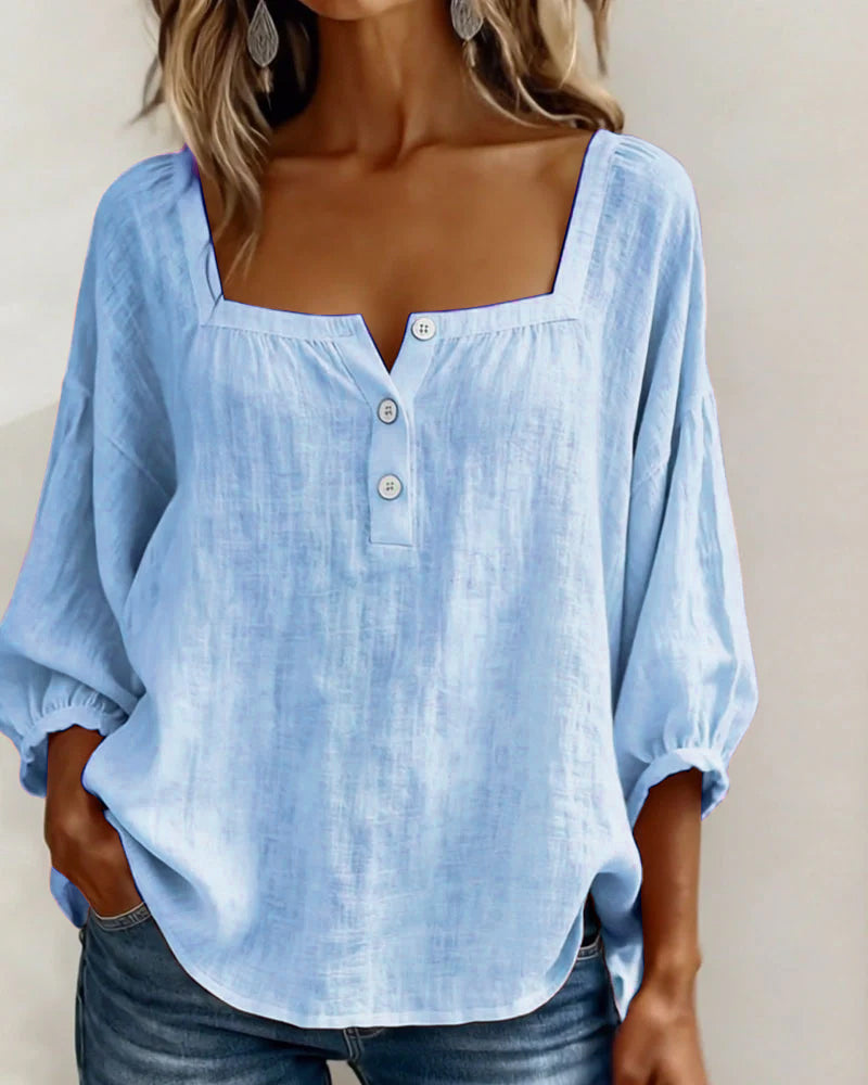 Nadine | Women's Square Neck Blouse 3/4 Puff Sleeve Button Top