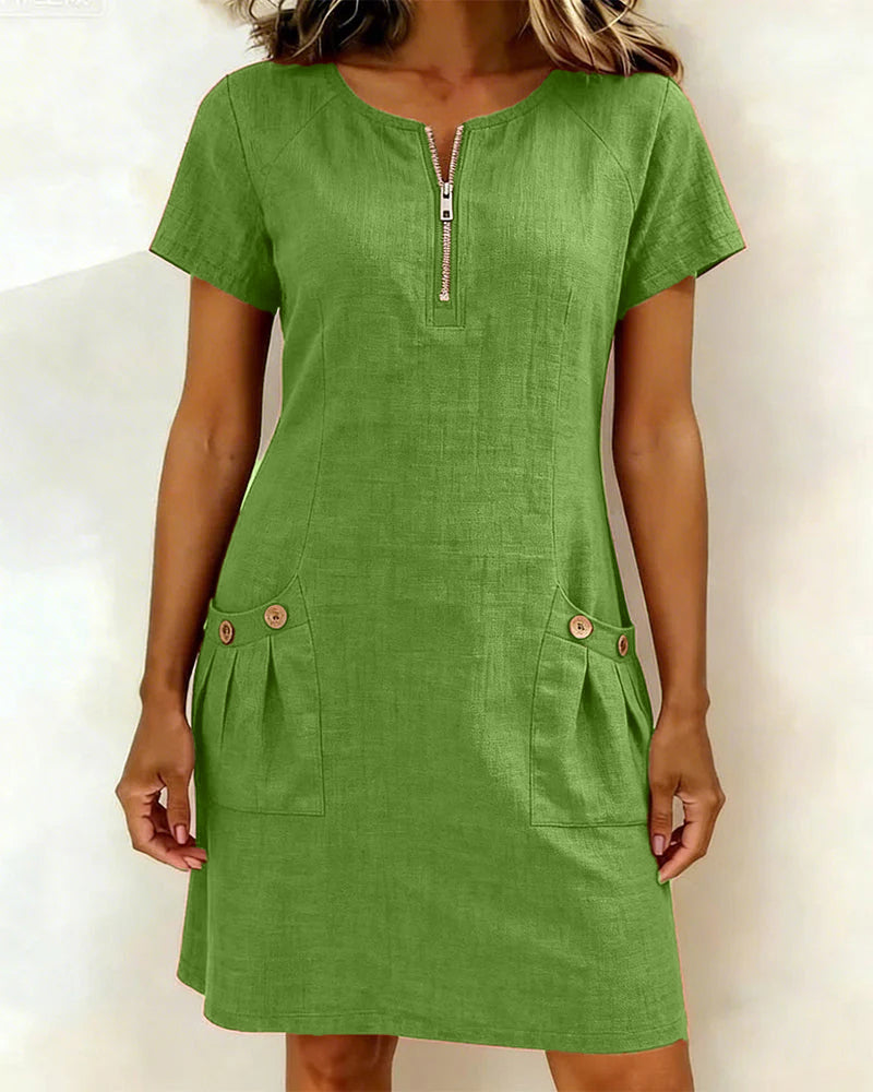 Ivy | Women's Shift Dress Short Sleeve Zip Neck with Pockets