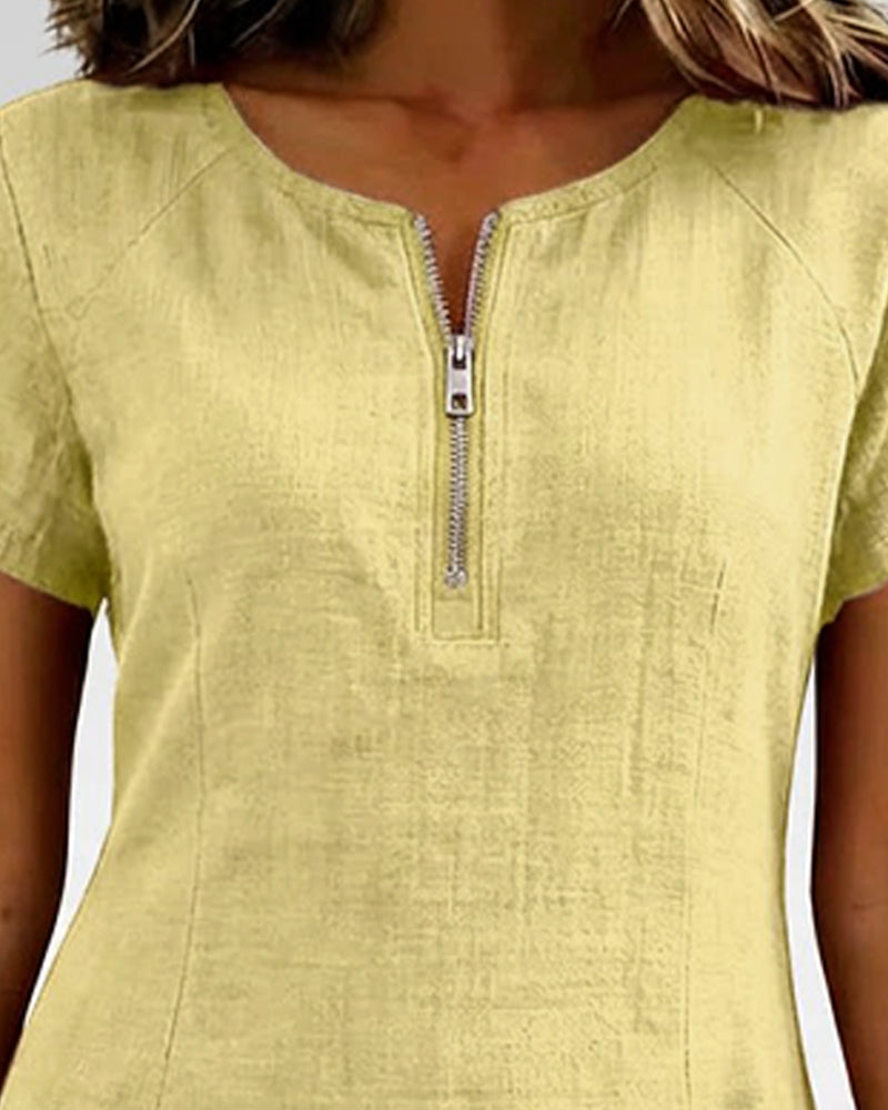 Ivy | Women's Shift Dress Short Sleeve Zip Neck with Pockets