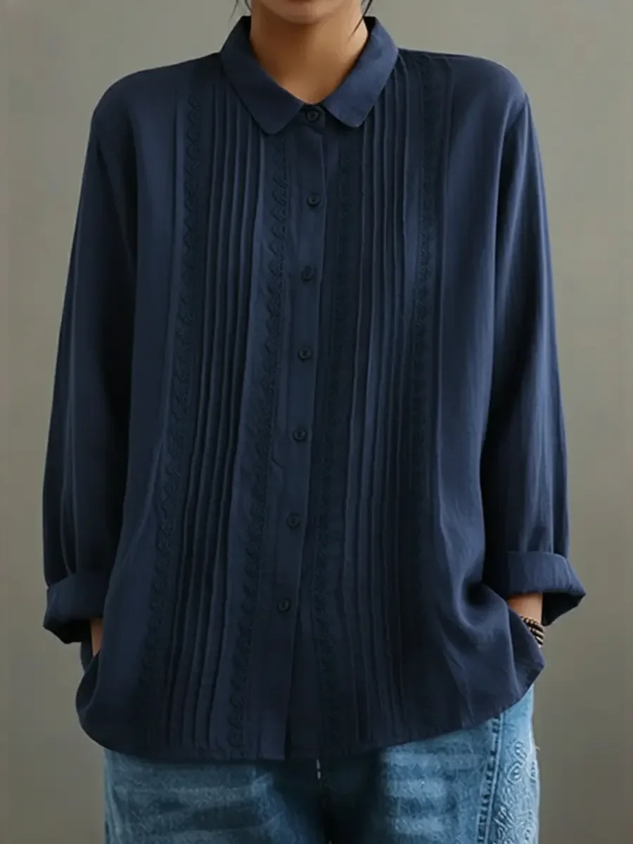 Tamsin | Women's Lace Trim Button-Up Long Sleeve Blouse