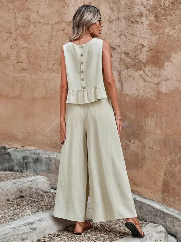 Mary | Women's Sleeveless Ruffle Top & Wide Leg Pants Set