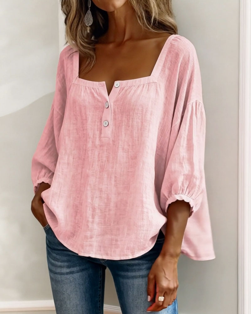 Nadine | Women's Square Neck Blouse 3/4 Puff Sleeve Button Top