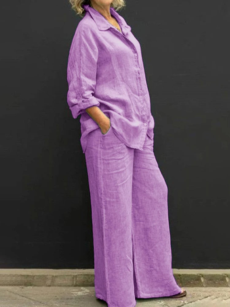 Alison | Women's 2 Piece Set Long Sleeve Shirt Wide Leg Pants