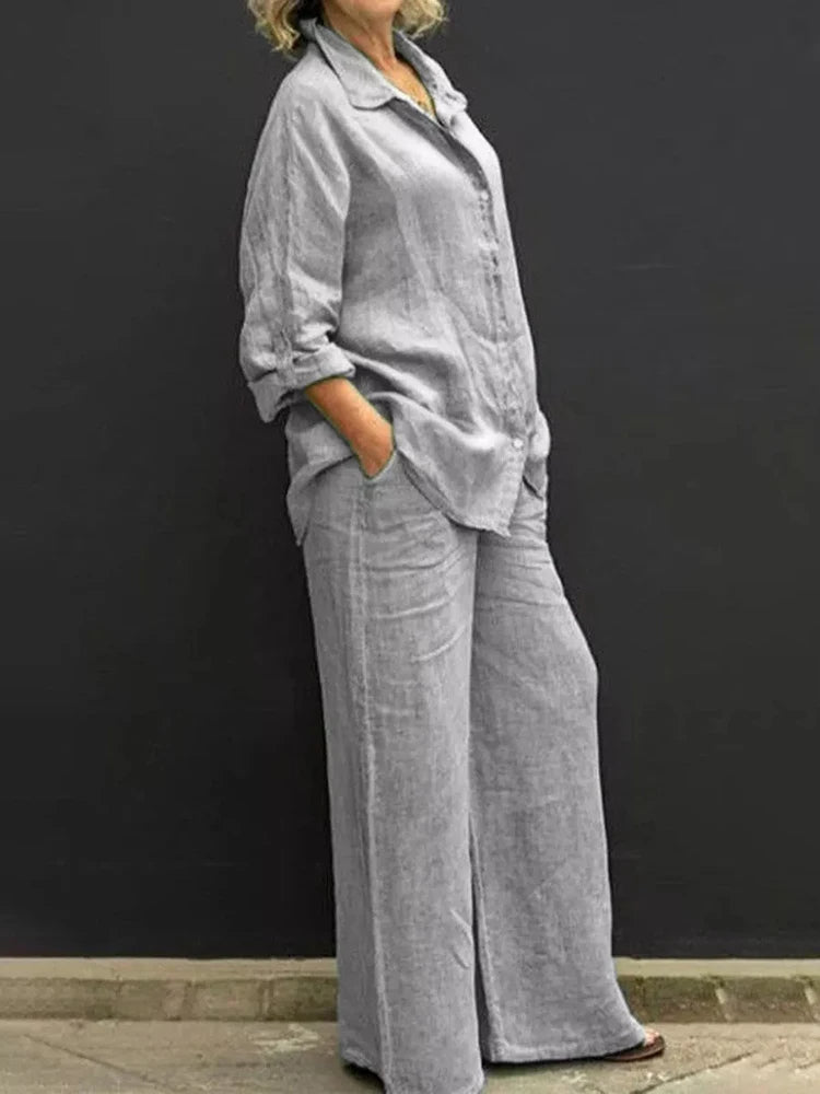 Alison | Women's 2 Piece Set Long Sleeve Shirt Wide Leg Pants