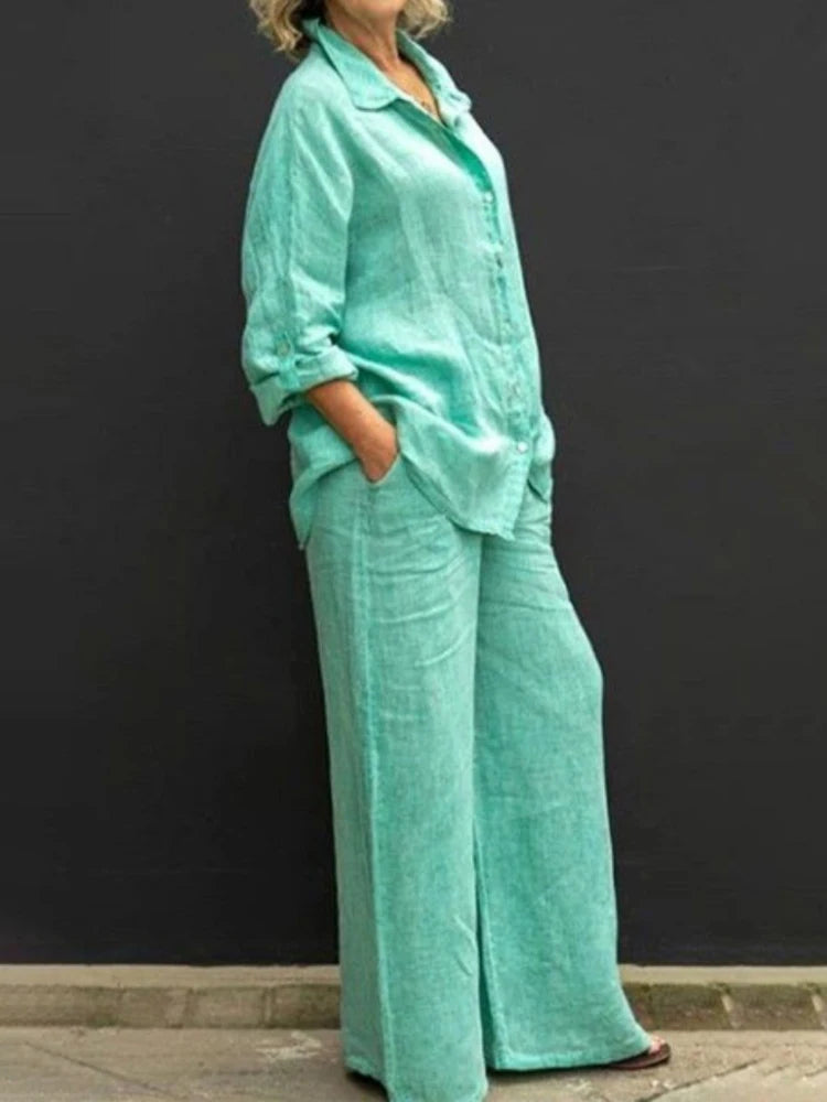 Alison | Women's 2 Piece Set Long Sleeve Shirt Wide Leg Pants