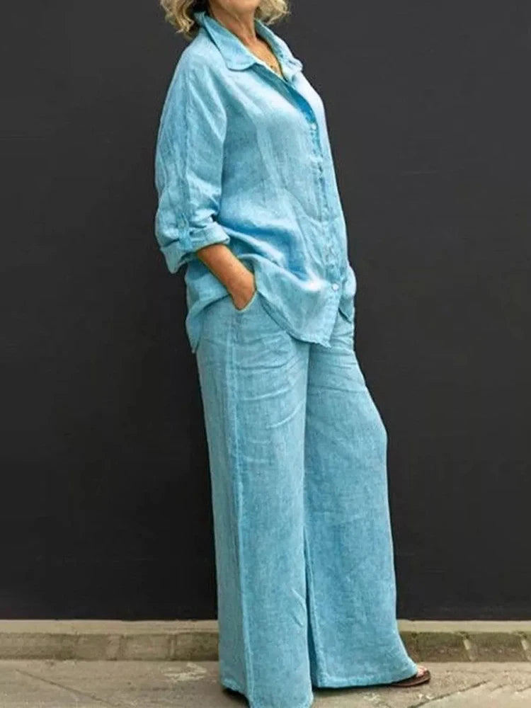 Alison | Women's 2 Piece Set Long Sleeve Shirt Wide Leg Pants