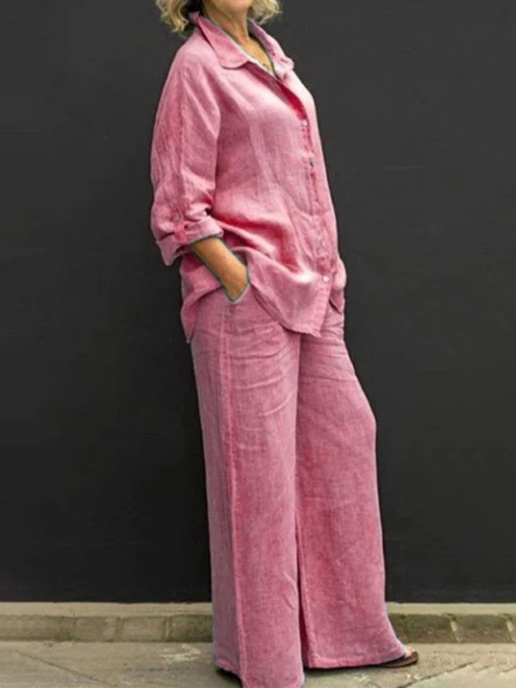 Alison | Women's 2 Piece Set Long Sleeve Shirt Wide Leg Pants