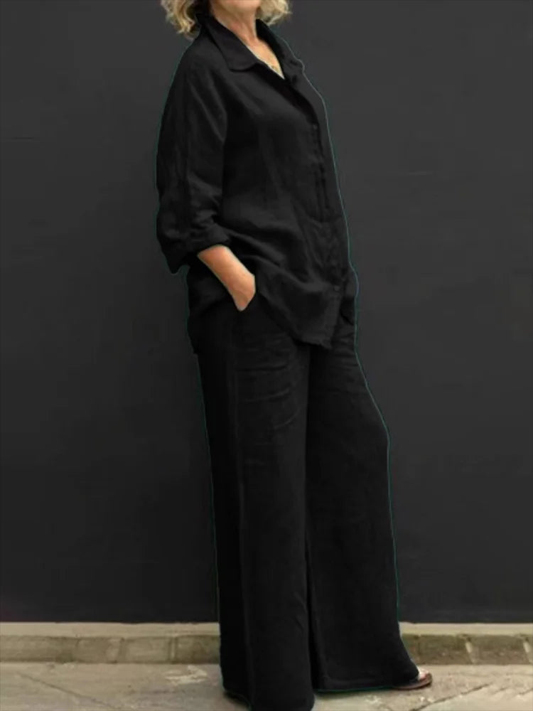 Alison | Women's 2 Piece Set Long Sleeve Shirt Wide Leg Pants