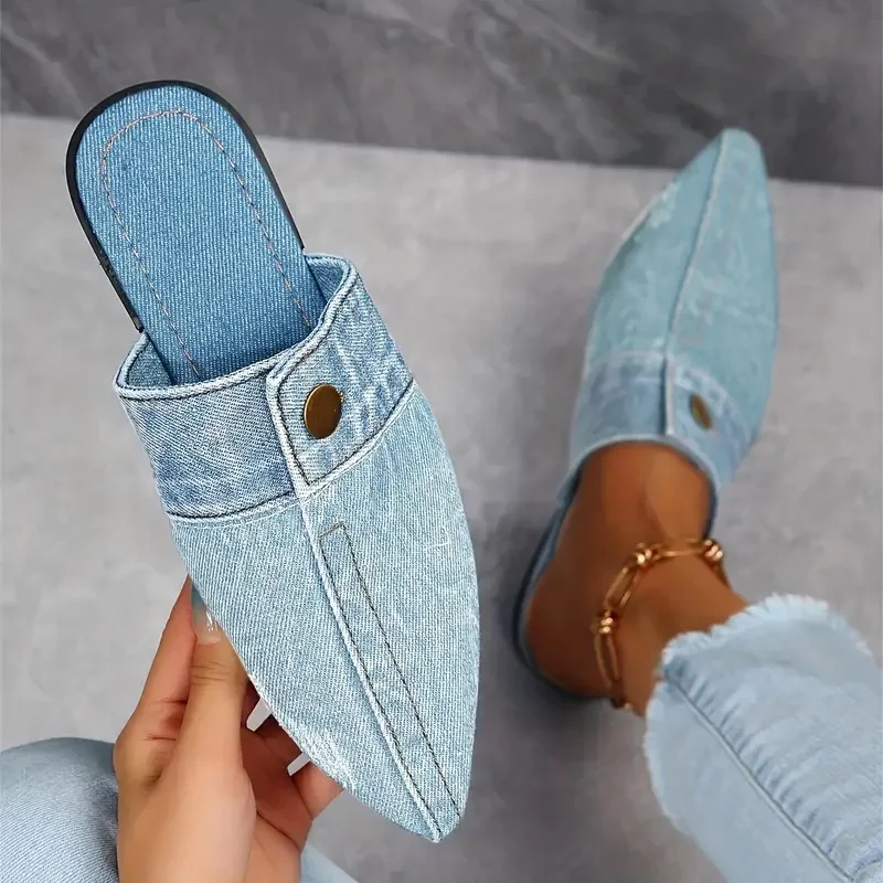 Alisha | Women's Blue Black Pointed Toe Denim Mule Slip-On Flat Slides