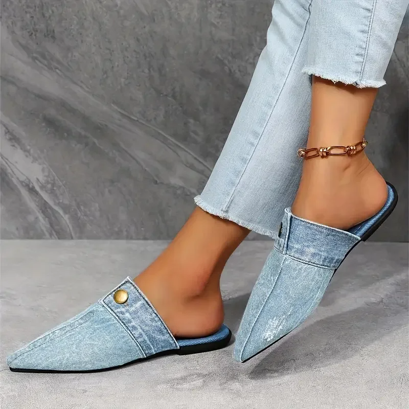 Alisha | Women's Blue Black Pointed Toe Denim Mule Slip-On Flat Slides