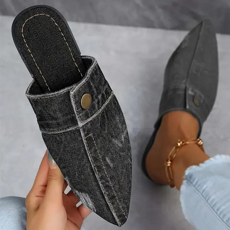 Alisha | Women's Blue Black Pointed Toe Denim Mule Slip-On Flat Slides