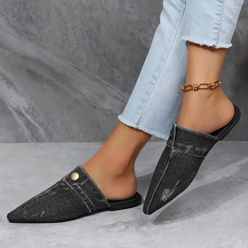 Alisha | Women's Blue Black Pointed Toe Denim Mule Slip-On Flat Slides