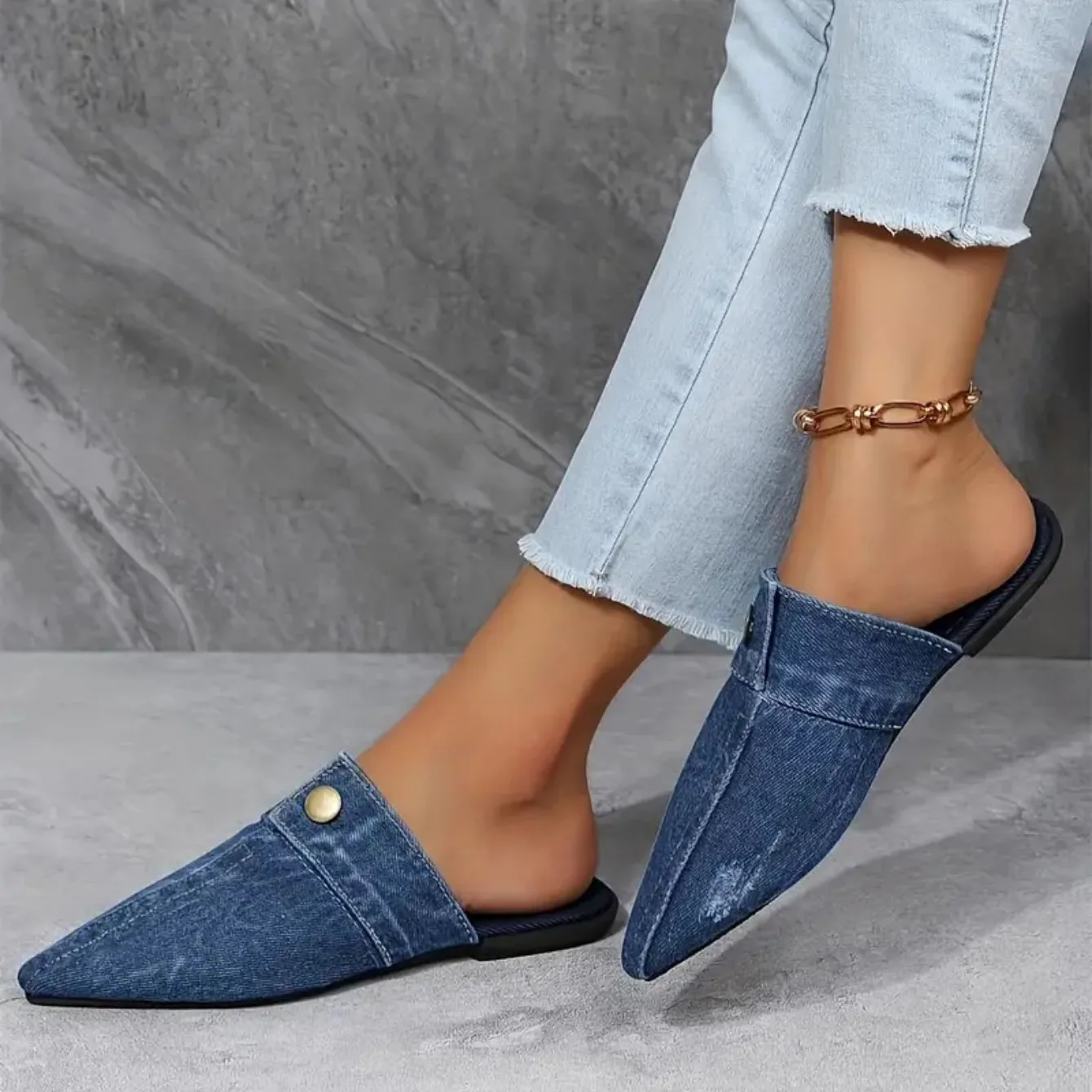 Alisha | Women's Blue Black Pointed Toe Denim Mule Slip-On Flat Slides