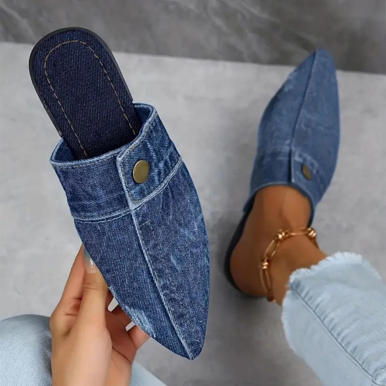 Alisha | Women's Blue Black Pointed Toe Denim Mule Slip-On Flat Slides