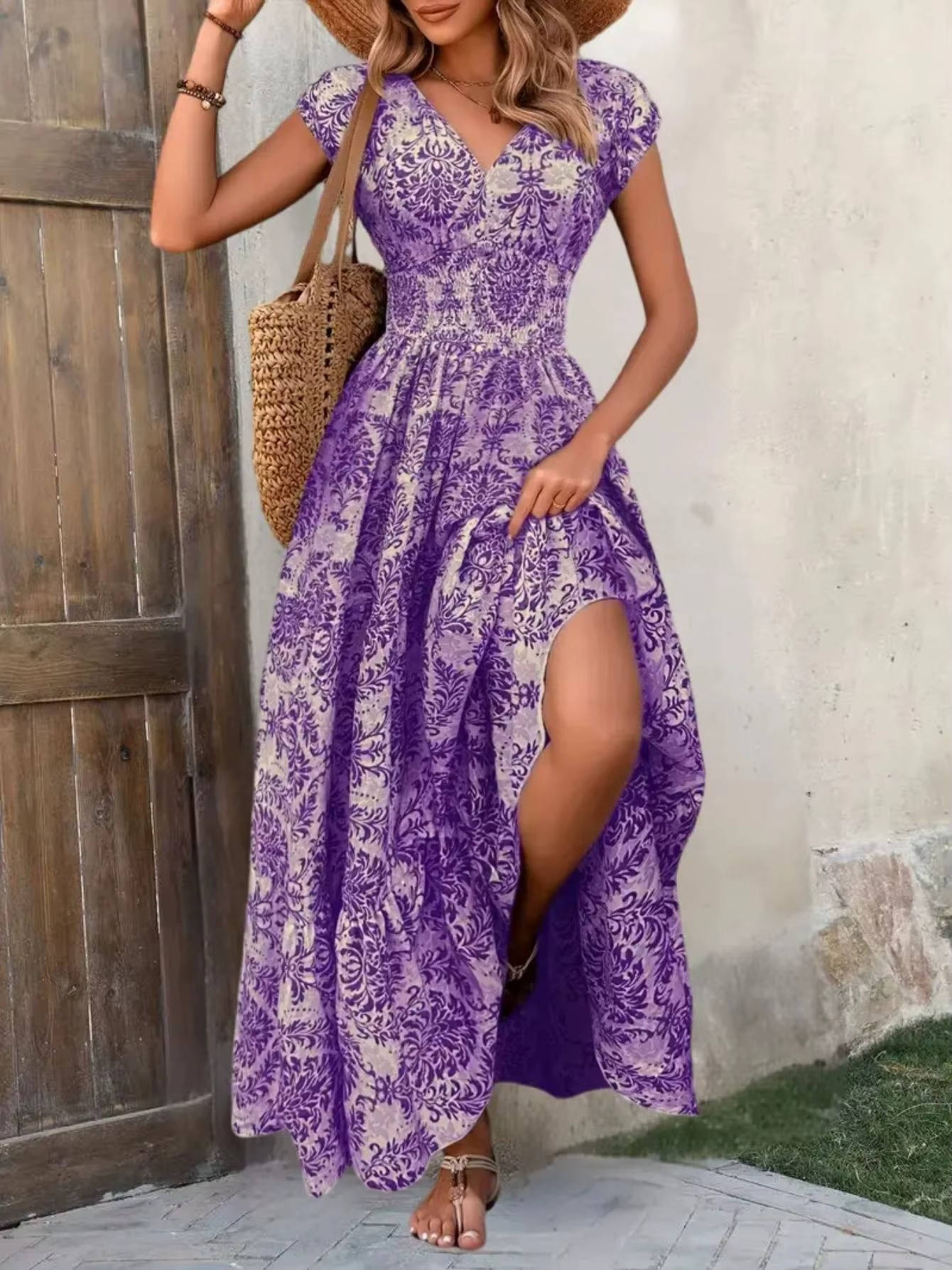 Flora | Boho Patterned Sleeveless Sun Beach V Neck Maxi Dress
