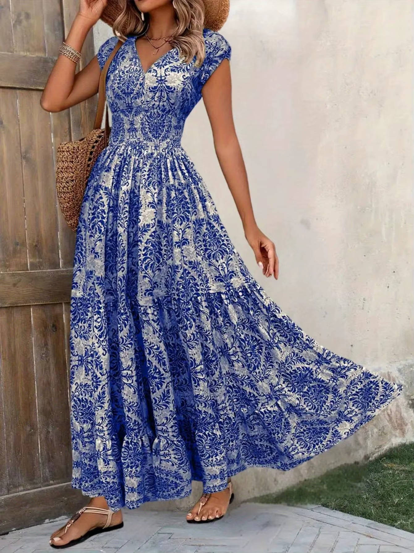 Flora | Boho Patterned Sleeveless Sun Beach V Neck Maxi Dress