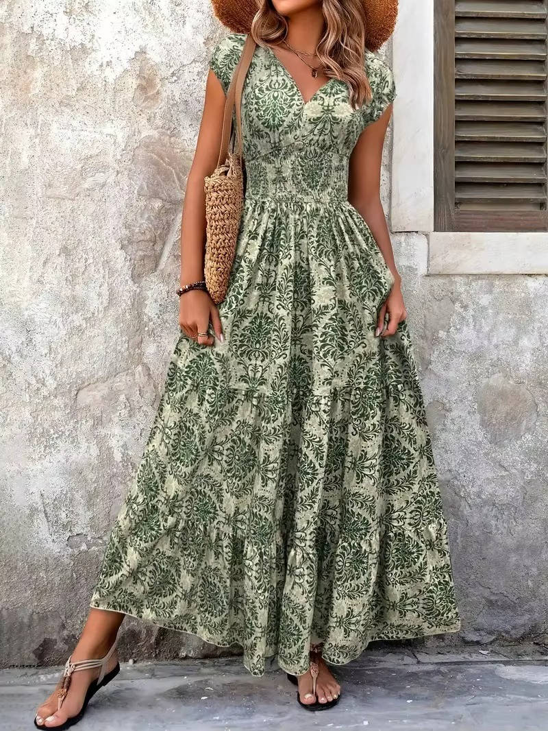 Flora | Boho Patterned Sleeveless Sun Beach V Neck Maxi Dress