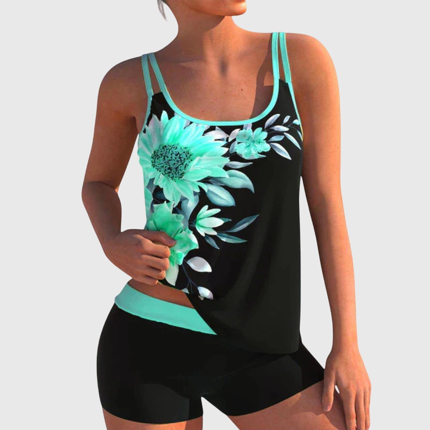 Romilly | Black Floral Print Two-Piece Swimsuit Set