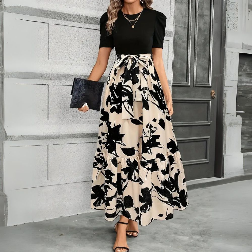 Joy | Women's Puff Sleeve Floral Maxi Dress with Tie Waist