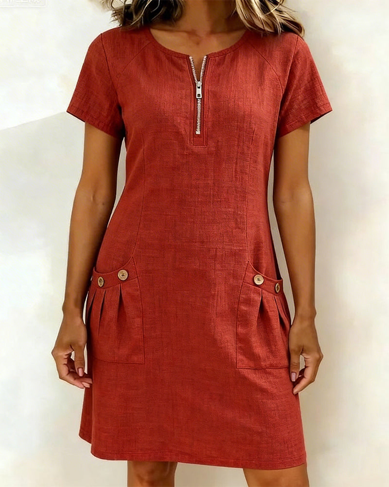 Ivy | Women's Shift Dress Short Sleeve Zip Neck with Pockets
