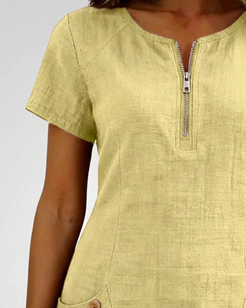 Ivy | Women's Shift Dress Short Sleeve Zip Neck with Pockets