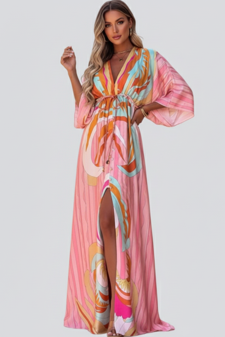 Simone | Printed Pink V-Neck Belted Breathable Maxi Dress