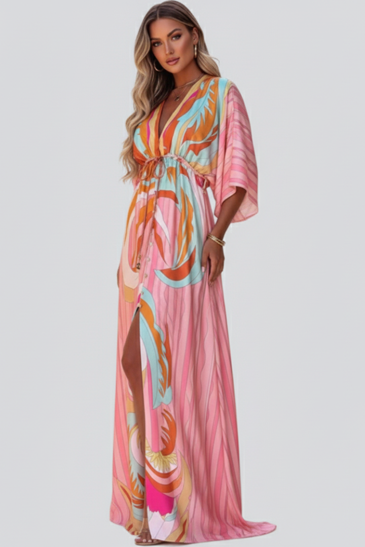 Simone | Printed Pink V-Neck Belted Breathable Maxi Dress