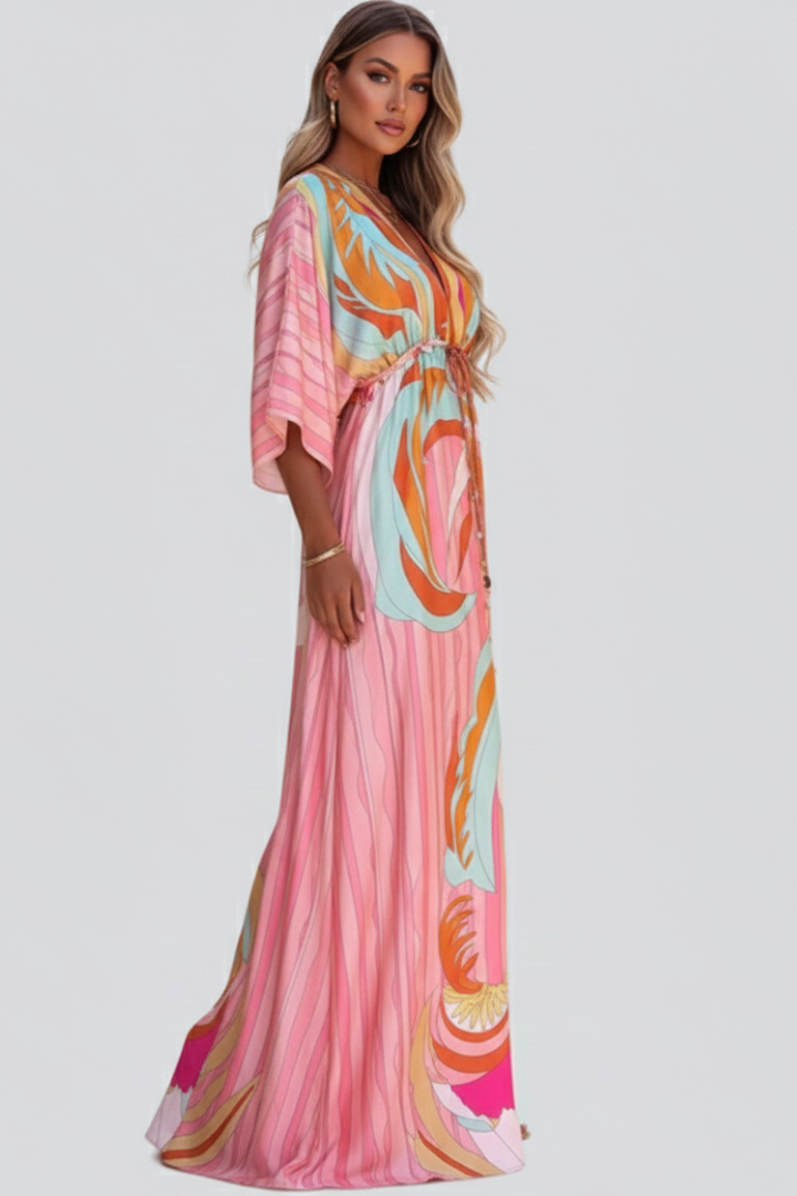 Simone | Printed Pink V-Neck Belted Breathable Maxi Dress