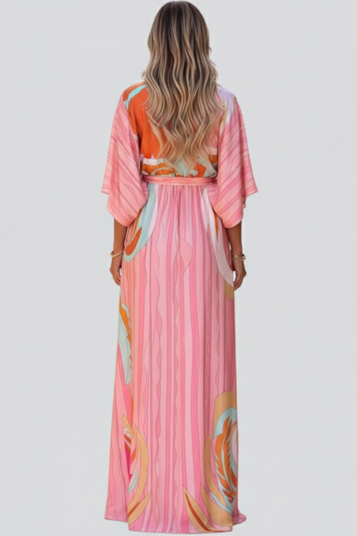 Simone | Printed Pink V-Neck Belted Breathable Maxi Dress